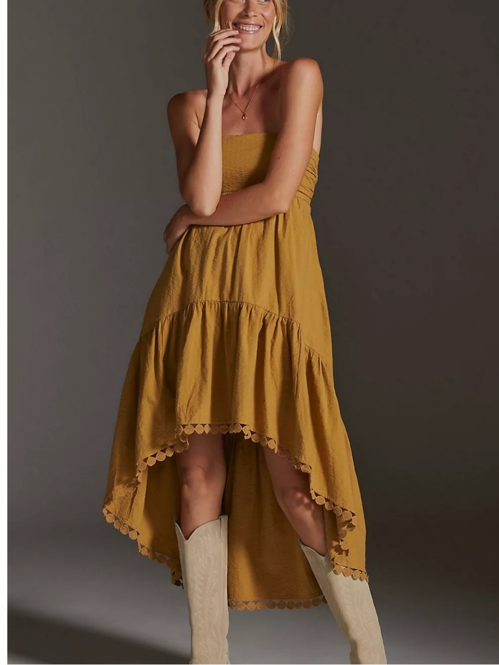 mustard yellow high-low dress with ruffled hem in XL #highlow #ruffles Maeve